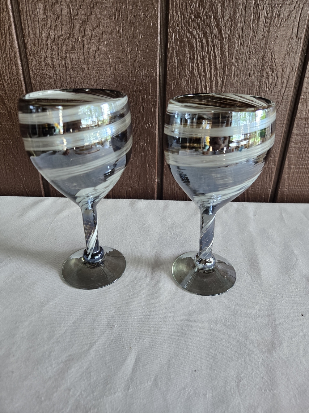 Hand Blown Wine Glasses Swirl Brown / White 7.75" Tall